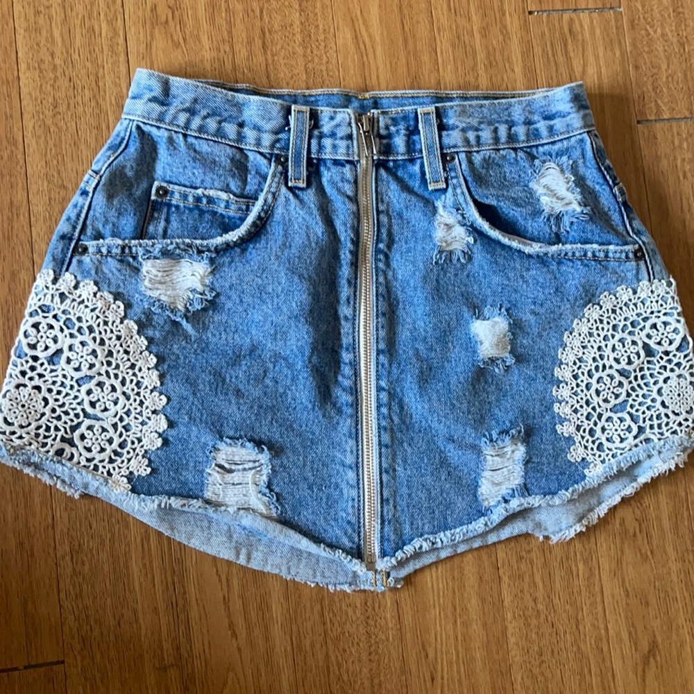 Denim carmar skirt with lace detail. Fully functional front zipper
